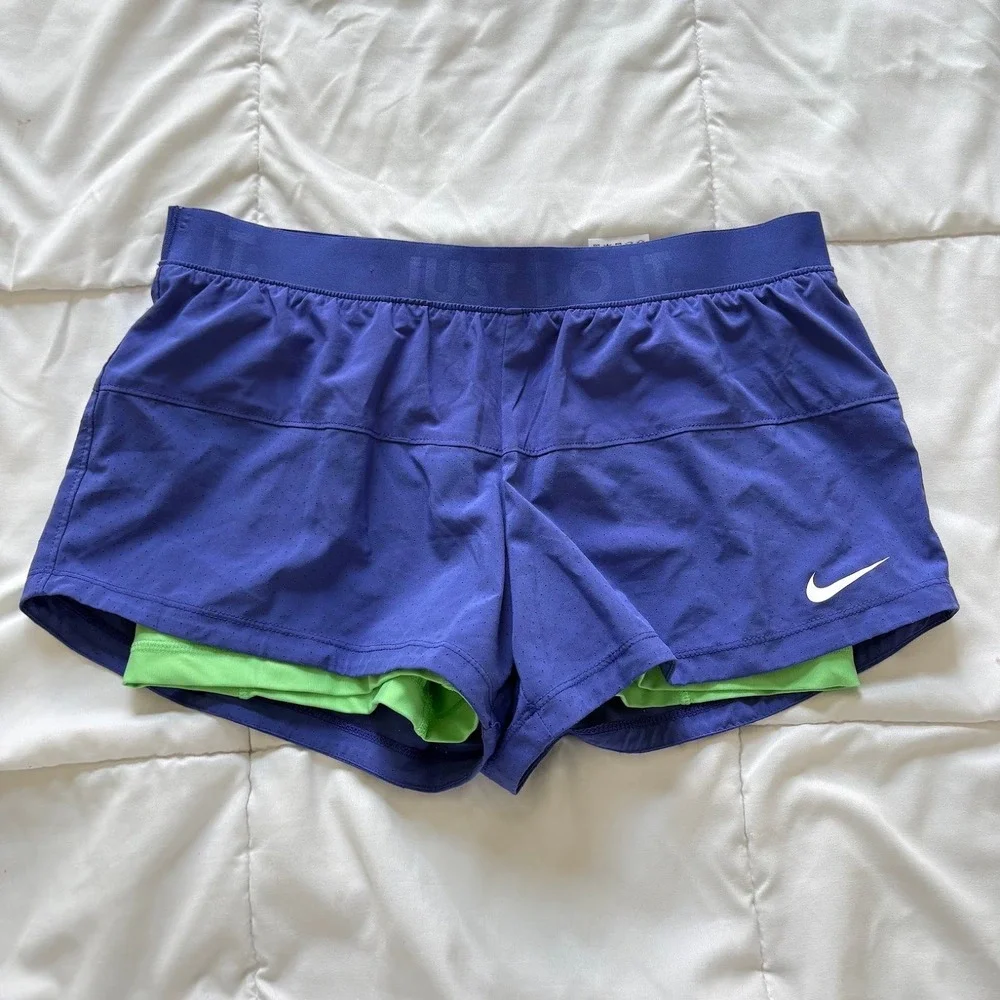 Nike Womens Dri-FIT 2-in-1 Running Shorts Purple Green Just Do It Large Active